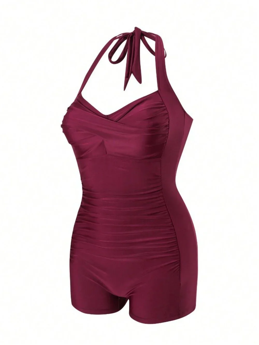 Burgundy Casual Women's Halter Neck Tie Strap One-Piece Swimsuit